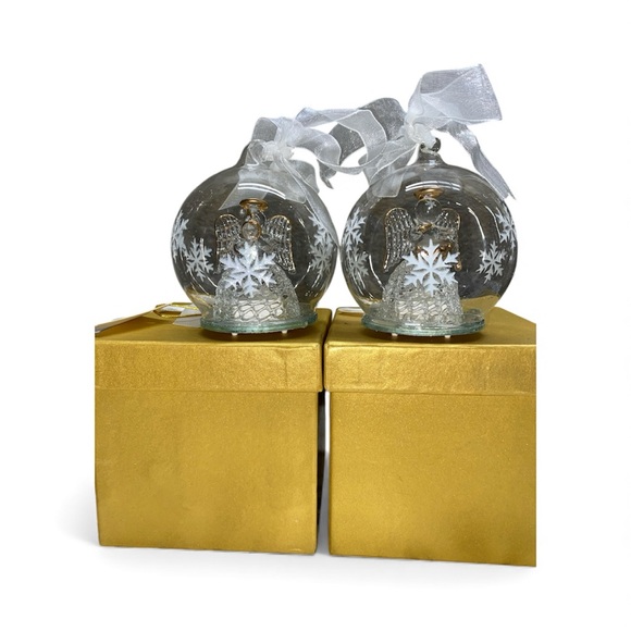 * Glass Angel Ornaments blown glass drummer trumpet player in clear globe 2 set - Picture 4 of 12